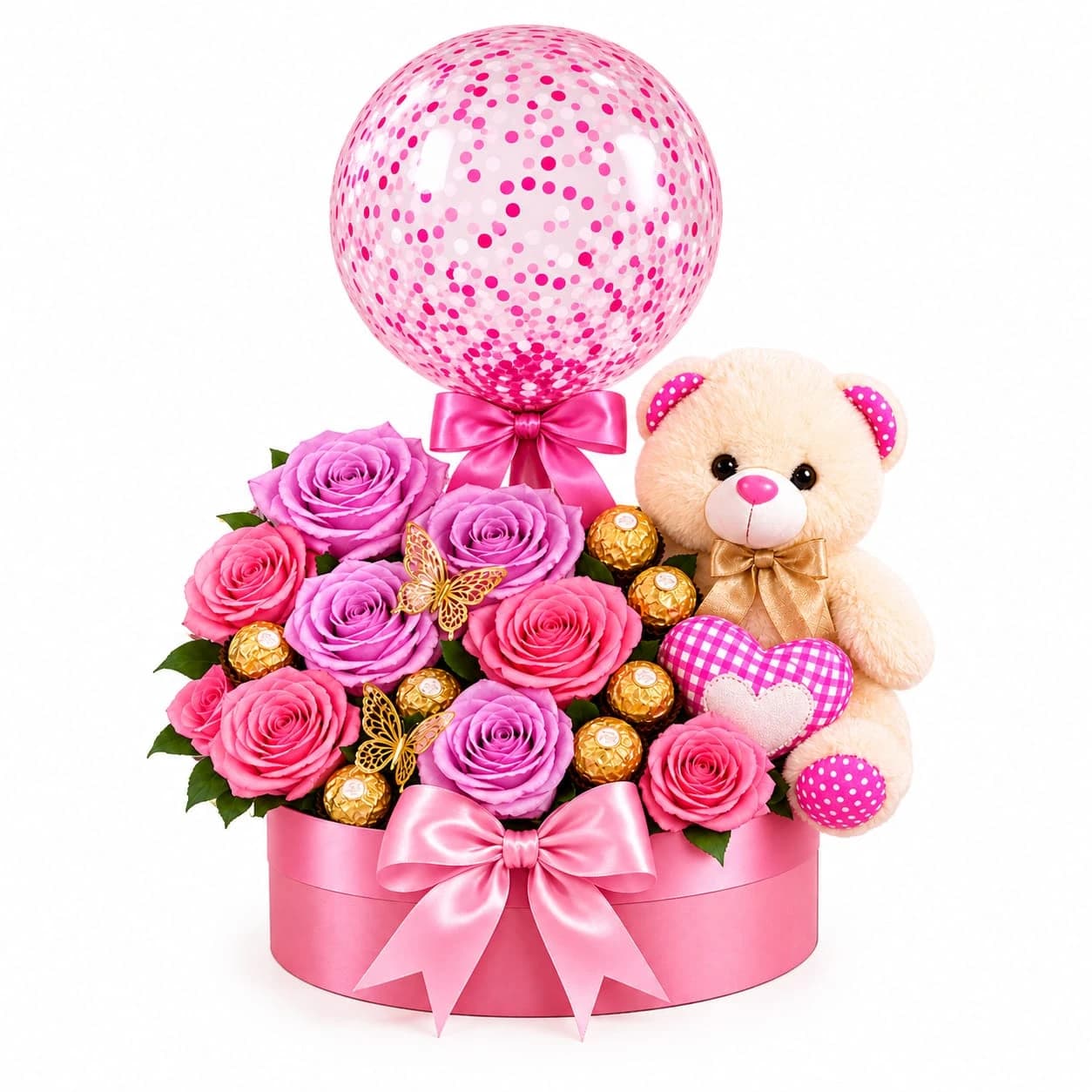 Ancheta en caja rosada con rosas inmortales, chocolates Ferrero, oso de peluche, mariposas y globo burbuja
