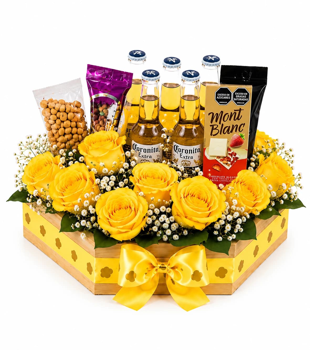 Ancheta en base hexagonal con rosas amarillas, cervezas Coronita, frutos secos y chocolate Mont Blanc