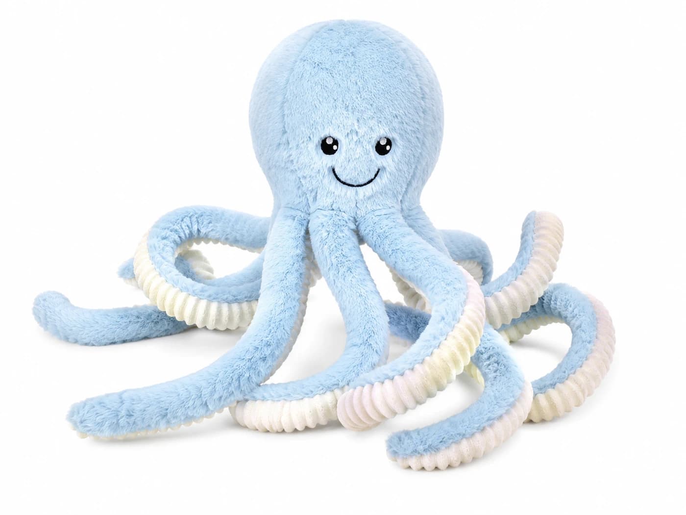 Peluche de pulpo grande azul con tentáculos texturizados y carita sonriente