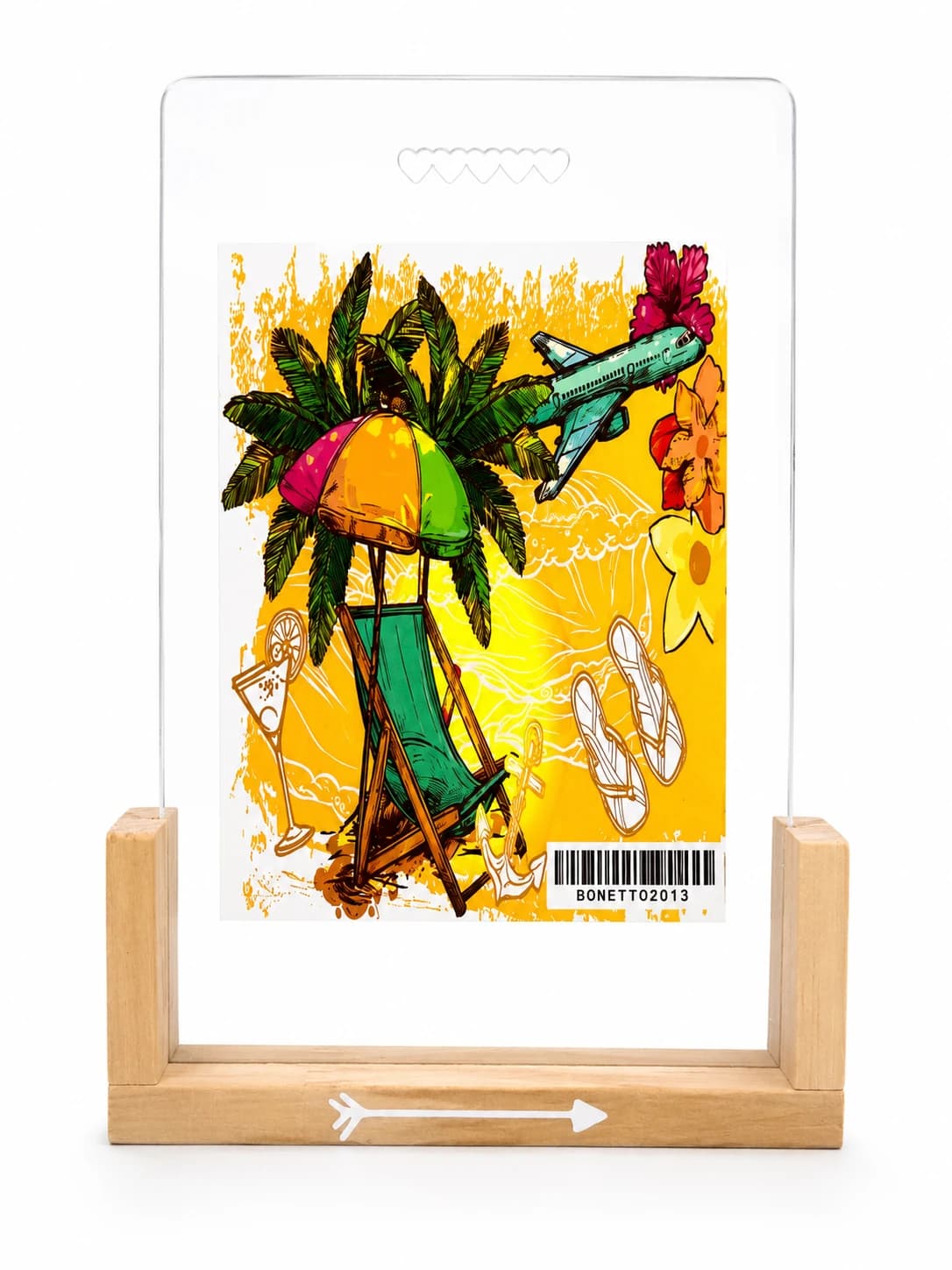 Portarretrato en acrílico transparente sobre base de madera con lámina ilustrada